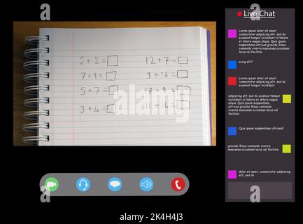 Interfaccia videochiamata con formule matematiche sullo schermo. Tecnologia di comunicazione e formazione elementare online immagine composita digitale. Foto Stock
