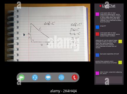 Interfaccia videochiamata con formule matematiche sullo schermo. Tecnologia di comunicazione e formazione elementare online immagine composita digitale. Foto Stock