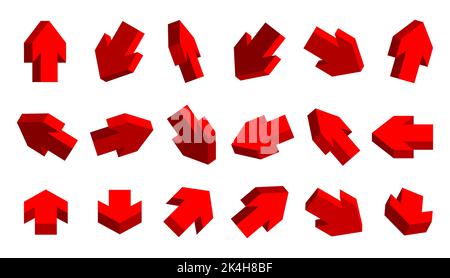 Set rosso freccia 3D grande. Raccolta di cursori isometrici. Elemento di design pulsante Web in alto a sinistra in basso a destra. Navigazione puntatore semplice isolato su sfondo bianco Illustrazione Vettoriale