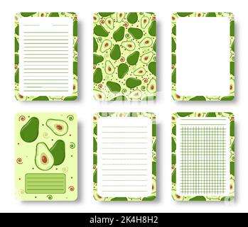Pagina del notebook avocado e modello di copertina. Set di pagine a righe per note con frutta tropicale disegnata a mano. Sfondo della brochure del diario del blocco note. Foglio di lavoro creativo alla moda con griglia e fetta di avocado Illustrazione Vettoriale