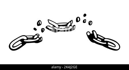 Catena spezzata con frantumazioni come simbolo di forza e libertà. Schizzo delle catene metalliche. Illustrazione vettoriale isolata su sfondo bianco Illustrazione Vettoriale