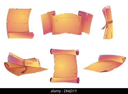 Set di antichi rotoli di pergamena isolati su sfondo bianco. Illustrazione vettoriale di cartoni animati di un modello di documento antico. Rotolo di carta vecchio, banner vuoto, mappa vintage dispiegata o manoscritto di papiro Illustrazione Vettoriale