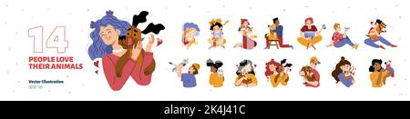 Set di persone amano i loro animali. Proprietari felici di animali domestici tenere pappagallo, coniglio, acquario con pesci e lucertola. Bambini e personaggi adulti abbracciano gatti e cani, illustrazione piatta vettoriale Illustrazione Vettoriale