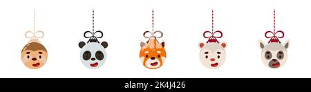 Buon Natale e Capodanno palla con carino sloth, panda, panda rosso, opossum, lemur. Collezione di cartoni animati vacanze invernali animali bauble. Stock vettoriale Illustrazione Vettoriale