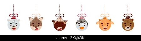 Buon Natale e Capodanno palla con carino orso polare, lince, bue muschio, pinguino, yak, otter. Collezione di cartoni animati vacanze invernali animali bauble Illustrazione Vettoriale