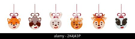 Buon Natale e Capodanno palla con carina volpe, raccoon, lepre, orso, cervi, badger. Collezione di cartoni animati vacanze invernali animali bauble. Stock vettoriale Illustrazione Vettoriale