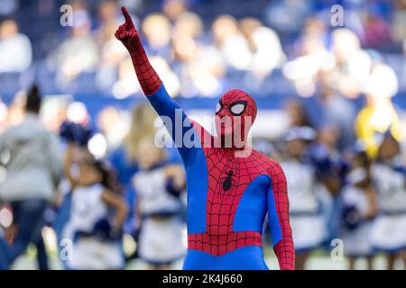 Indianapolis, Indiana, Stati Uniti. 02nd Ott 2022. Spider Man durante la partita di football degli NFL tra i Tennessee Titans e gli Indianapolis Colts al Lucas Oil Stadium di Indianapolis, Indiana. Il Tennessee sconfisse Indianapolis 24-17. John Mersits/CSM/Alamy Live News Foto Stock