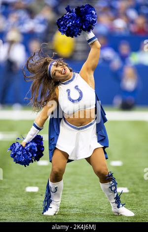 Indianapolis, Indiana, Stati Uniti. 02nd Ott 2022. Gli Indianapolis Colts cheerleaders si esibiscono durante l'azione di gioco di football della NFL tra i Tennessee Titans e gli Indianapolis Colts al Lucas Oil Stadium di Indianapolis, Indiana. Il Tennessee sconfisse Indianapolis 24-17. John Mersits/CSM/Alamy Live News Foto Stock