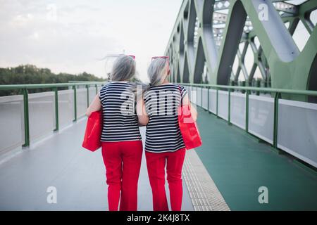Vista posteriore dei gemelli degli anziani negli stessi vestiti che camminano in città, tornando dallo shopping. Foto Stock