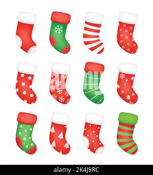 Calze di Natale isolate su sfondo bianco. Set di calze per regali di Natale e Felice Anno Nuovo. Illustrazione Vettoriale