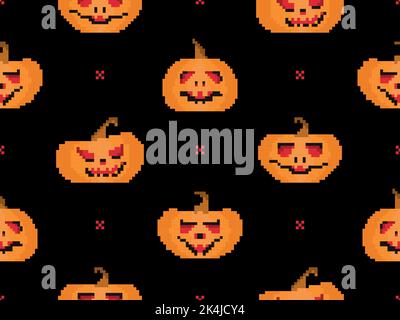 Zucche pixelate con facce intagliate per motivi senza cuciture Halloween. Zucche di Halloween a 8 bit in stile pixel art. Design per la stampa su tessuto, involucro Illustrazione Vettoriale