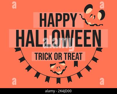 Halloween felice 31st ottobre, trucco o trattare. Banner festivo con volto intagliato di Halloween e ghirlande bandiera. Design per biglietti d'auguri, poster e bann Illustrazione Vettoriale