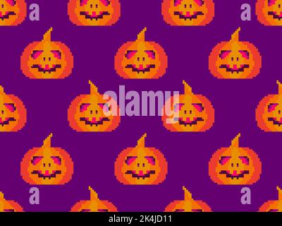 Zucche pixelate con facce intagliate per motivi senza cuciture Halloween. Zucche di Halloween a 8 bit in stile pixel art. Design per la stampa su tessuto, involucro Illustrazione Vettoriale