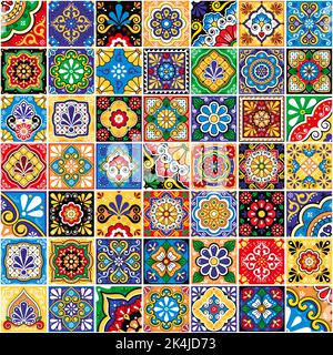 Piastrelle talavera messicane vettore senza cuciture motivo - grande 49 diversi set di design colorato, perfetto per carta da parati, tessuto o stampa tessuto Illustrazione Vettoriale