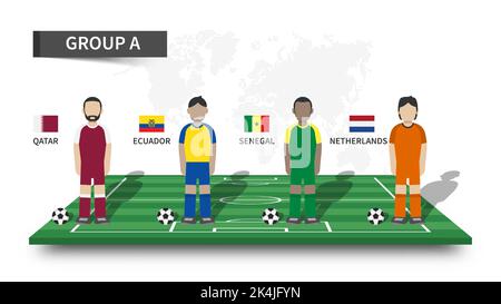 Qatar fifa World Cup torneo di calcio 2022 . 32 squadre palcoscenici di gruppo e personaggio dei cartoni animati con maglia e bandiere nazionali sul calcio prospettico Illustrazione Vettoriale