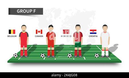 Qatar fifa World Cup torneo di calcio 2022 . 32 squadre palcoscenici di gruppo e personaggio dei cartoni animati con maglia e bandiere nazionali sul calcio prospettico Illustrazione Vettoriale