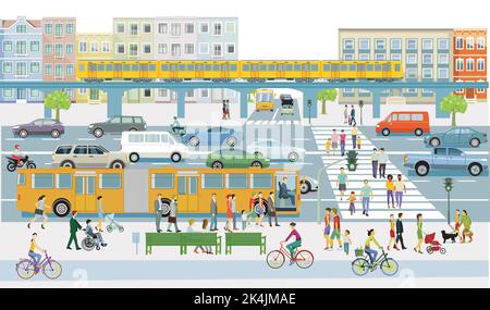 Traffico stradale con fermata dell'autobus, nella grande città, pedoni sugli incroci zebra e illustrazione ciclisti Illustrazione Vettoriale