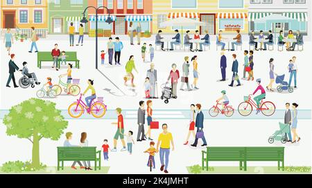 Profilo della città con pedoni nel quartiere residenziale, illustrazione Illustrazione Vettoriale