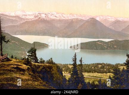 Vista di Vitznau e delle Alpi, Rigi Rothorn, Lucerna, Svizzera 1890. Foto Stock