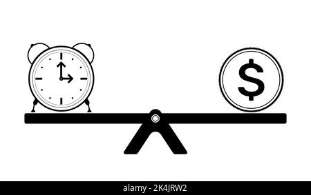 Concetto di equilibrio di tempo e denaro. Orologio e moneta del dollaro su un simbolo Seesaw. Illustrazione vettoriale Illustrazione Vettoriale