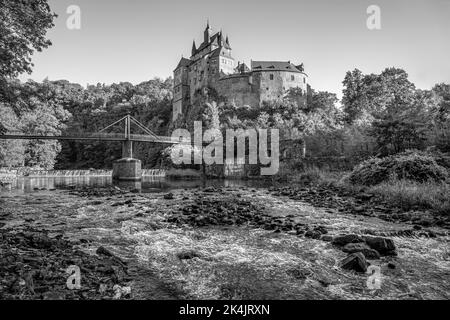 Castello di Kriebstein in Sassonia, Germania, bianco e nero Foto Stock