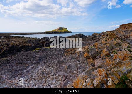 Durante la bassa marea si rivela un'aspre e rocciosa strada da Rhossili Point a Worms Head. Foto Stock