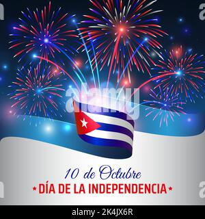 10 ottobre, giorno di indipendenza cuba. Bandiera cubana ondulata e fuochi d'artificio colorati su sfondo cielo blu. Festa nazionale di cuba. Biglietto d'auguri. Vettore Illustrazione Vettoriale