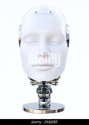 3D rendering di una testa uomo robot androide reciso con gli occhi chiusi su uno stand o podio. Sfondo bianco. Concetto di ai futuristico. Foto Stock