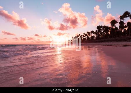 Costa dell'Oceano Atlantico all'alba, Bavaro Beach, Repubblica Dominicana. Paesaggio costiero con sagome di palme e riflessi di sabbia bagnata Foto Stock