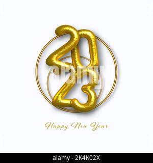 2023 numeri di Capodanno da foglio d'oro con cerchi d'oro. Cartolina buon Natale e Felice anno nuovo 2023 Illustrazione Vettoriale