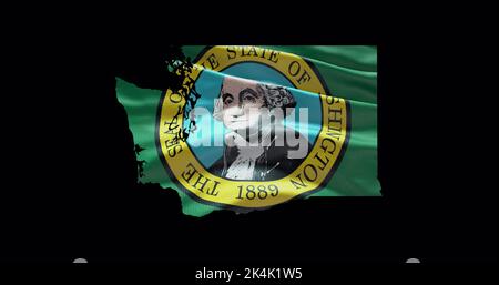 Mappa dello stato di Washington con bandiera ondulata. Sfondo canale alfa. Foto Stock