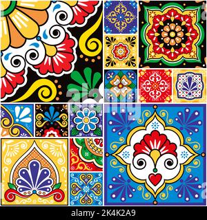 Piastrelle talavera messicane vettore senza cuciture modello collezione, diverse dimensioni e stile colorato design set, perfetto per carta da parati, tessuto o tessuto pri Illustrazione Vettoriale