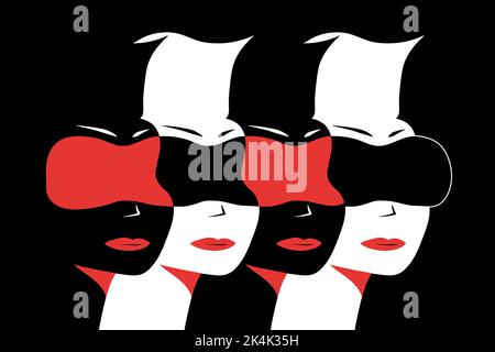 Design piatto che illustra i profili umani con il dispositivo per la realtà virtuale. Tre colori rosso, nero e bianco insieme di persone. Realtà virtuale e cyberspazio. Illustrazione Vettoriale