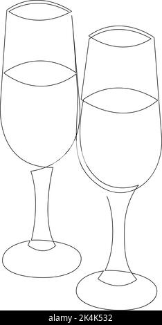 Due bicchieri con champagne, stile di disegno continuo a una linea. Illustrazione Vector Illustrazione Vettoriale