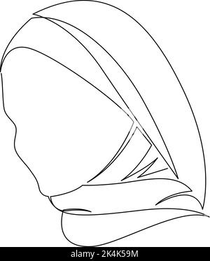 Disegno continuo di una linea di donna musulmana. Sciarpa hijab ritratto disegno a mano. Illustrazione vettoriale Illustrazione Vettoriale