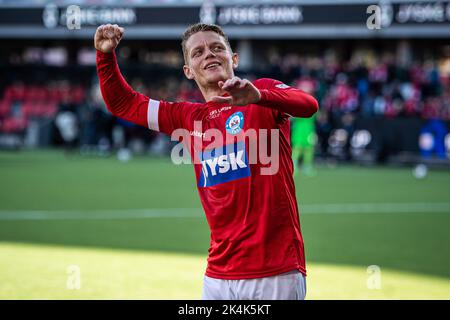 Silkeborg, Danimarca. 02nd Ott 2022. Kasper Kusk di Silkeborg SE visto dopo l'incontro Superliga del 3F tra Silkeborg IF e AC Horsens al Jysk Park di Silkeborg. (Photo Credit: Gonzales Photo/Alamy Live News Foto Stock