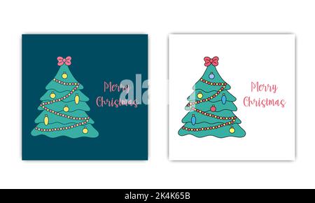 Allegro Natale biglietti d'auguri set. Doodle decorato albero di Natale e testo. Illustrazione vettoriale di abete con arco, ghirlande e decorazioni. Carretto carino Illustrazione Vettoriale