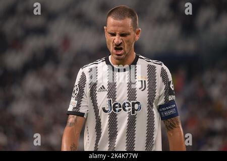 Leonardo Bonucci (Juventus) reagisce durante la partita di gruppo H della UEFA Champions League tra Juventus e SL Benfica allo stadio Allianz, il 14 settembre Foto Stock