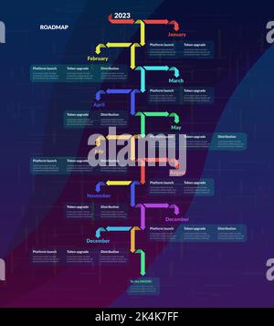 Roadmap con frecce colorate su sfondo scuro. Modello di timeline infografica verticale per la presentazione aziendale. Illustrazione vettoriale. Illustrazione Vettoriale