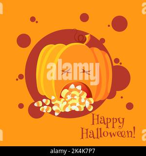 Halloween biglietto d'auguri zucca Halloween con caramella all'interno e vomitare fuori. Disegno di illustrazione del vettore happy halloween Illustrazione Vettoriale