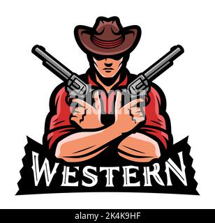 Uomo in cappello da cowboy e due rivoltatori. Emblema occidentale. Sparatutto con pistole, logo Guns. Illustrazione del vettore cartoon Illustrazione Vettoriale
