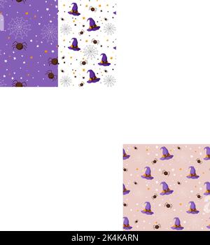 Cappelli strega di Halloween fantasia senza cuciture modello carino decorato con ragni e stelle in stile cartone animato. Carino maghi, ragno web per la festa. Illustrazione vettoriale Illustrazione Vettoriale