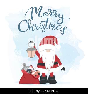 Biglietto di Natale. Babbo Natale con una borsa di regali su uno sfondo invernale. Vettore Illustrazione Vettoriale