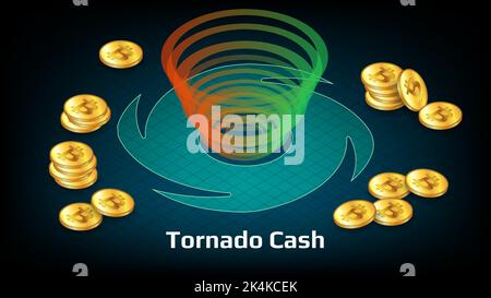 Tornado Cash banner in vista isometrica con Bitcoin monete BTC e testo su sfondo scuro.Tornado Cash è il servizio per il trasferimento confidenziale di criptocu Illustrazione Vettoriale