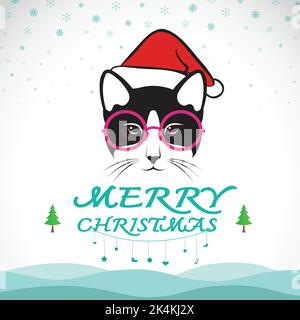 Vettore allegro Natale saluto carta gatto su sfondo bianco. Illustrazione vettoriale a strati facilmente modificabile. Illustrazione Vettoriale