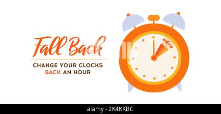 L'ora legale termina, banner Fall Back Concept. Cambio dell'orologio indietro di un'ora. Sveglia arancione e freccia di rotazione indietro di un'ora Promemoria schedu Illustrazione Vettoriale