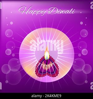 Felice Diwali, Deepawali saluto per il festival indù di luce, design lucido con fantasia diya o di olio di profondità lampada a candela in argilla con fiamma, sulla gradie viola Illustrazione Vettoriale