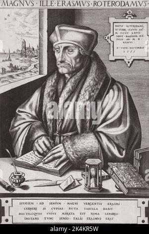 Erasmus. Nome completo Desiderius Erasmus Roterodamus, 1466 - 1536, alias Erasmus di Rotterdam. Umanista olandese del Rinascimento, sacerdote cattolico e teologo. Dopo una stampa del 16th° secolo di Frans Huys dopo un'opera di Hans Holbein II Foto Stock