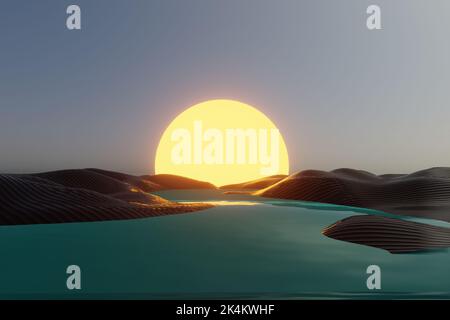 Bella Abstract paesaggi strani sn luce deserto dune acqua riflessi scena notturna. illustrazione del rendering 3D modello di sfondo per il design Foto Stock