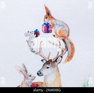 Illustrazione di animali di Natale. Un cervo, una lepre, uno scoiattolo e un topo si donano gli uni agli altri. Foto Stock